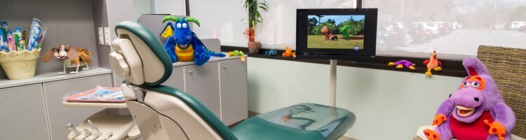 Children's dentist chair with stuffed animals